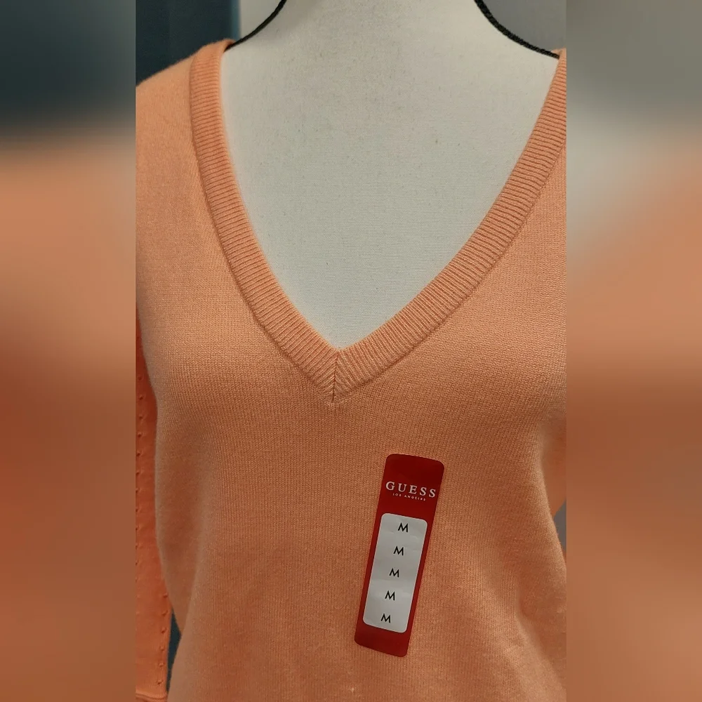 Guess Orange V-Neck Sweater Lightweight Knit - Picture 2 of 10
